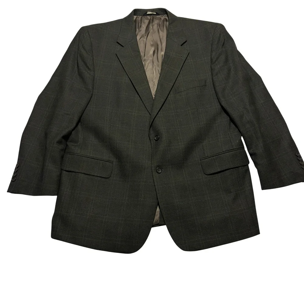 Jos A Bank Signature Collection Mens 48R Dark Gray Plaid 100% Wool Blazer Coat